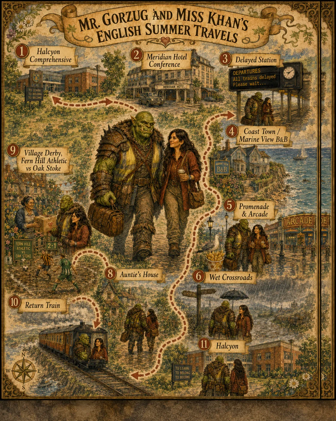 An illustrated map of Mr. Gorzug and Miss Khan’s English summer travels — from Halcyon Comprehensive to the coast, a village derby and back.