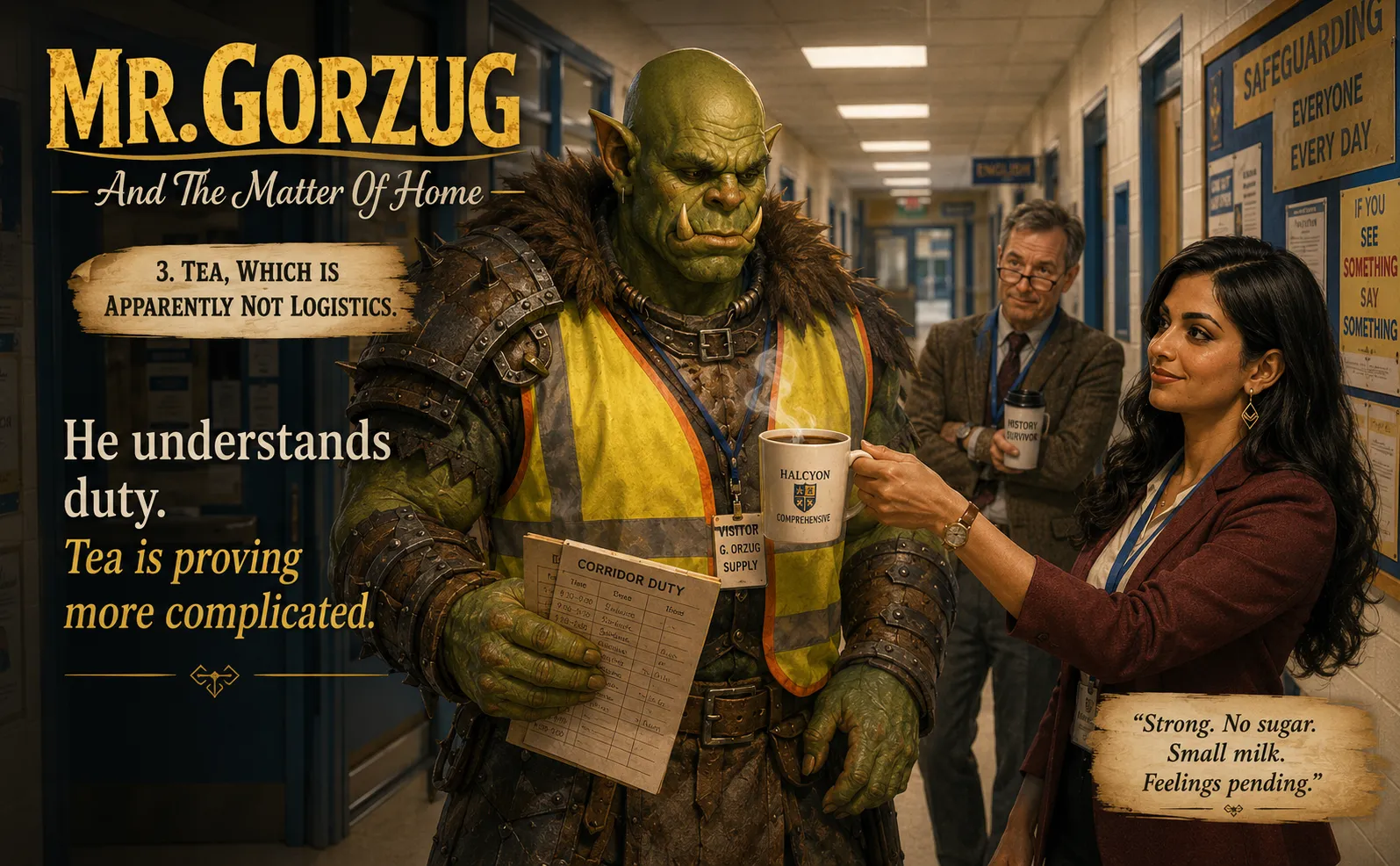 Promotional artwork for Mr. Gorzug and the Matter of Home — Gorzug on corridor duty as Miss Khan hands him a mug of tea.
