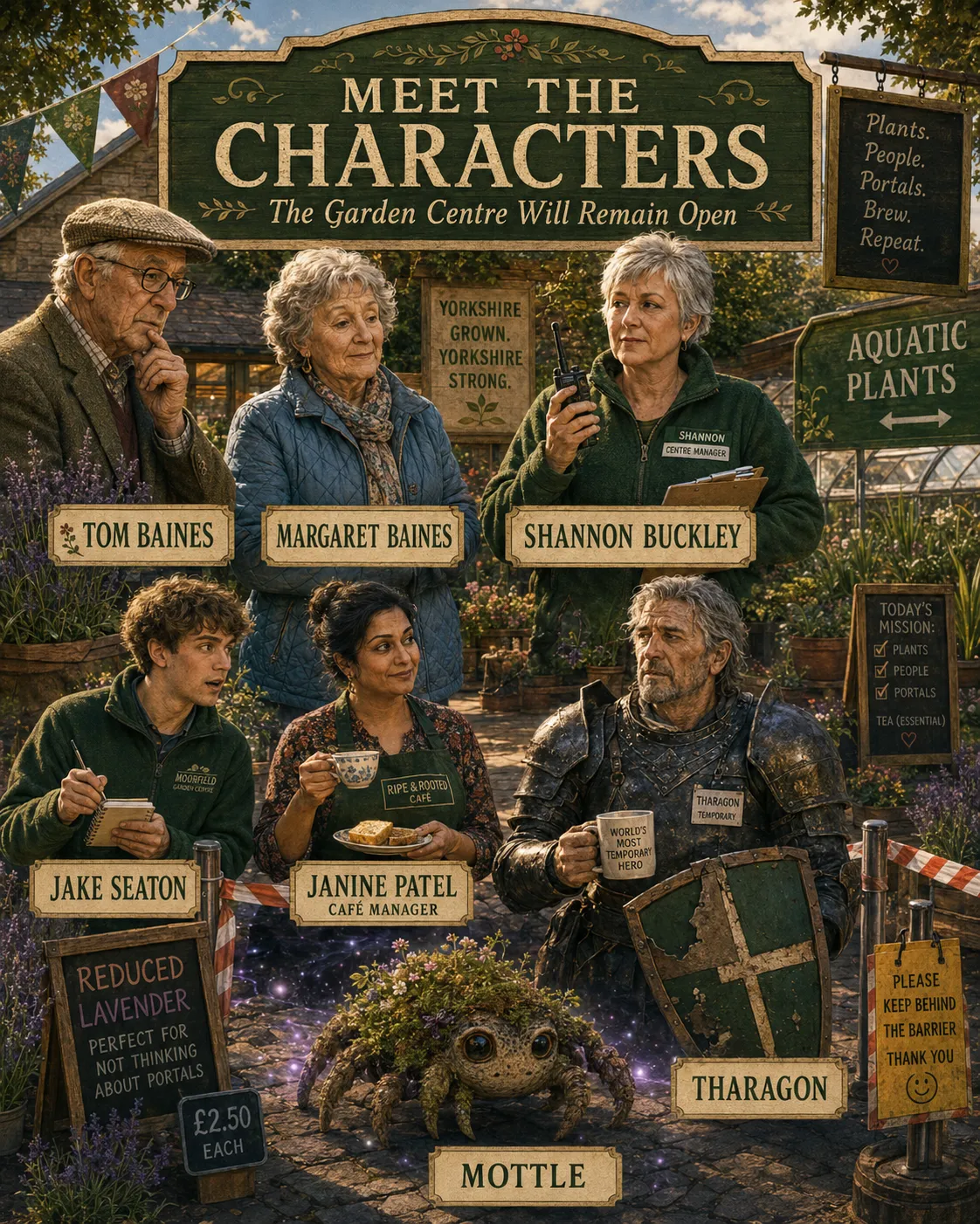 The cast of The Garden Centre Will Remain Open: Tom and Margaret Baines, centre manager Shannon Buckley, café manager Janine Patel, Jake Seaton, the armoured knight Tharagon, and a small mossy creature called Mottle