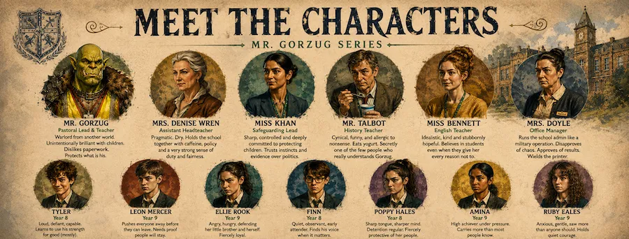 The cast of the Mr. Gorzug series: Mr. Gorzug, Mrs. Wren, Miss Khan, Mr. Talbot, Miss Bennett, Mrs. Doyle and the pupils of Halcyon Comprehensive