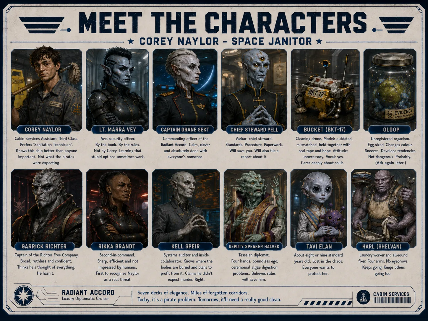 ‘Meet the Characters’ poster for Corey Naylor – Space Janitor: portraits of the crew of the luxury cruiser Radiant Accord, from janitor Corey Naylor and cleaning drone BKT-17 to pirate captain Garrick Richter.