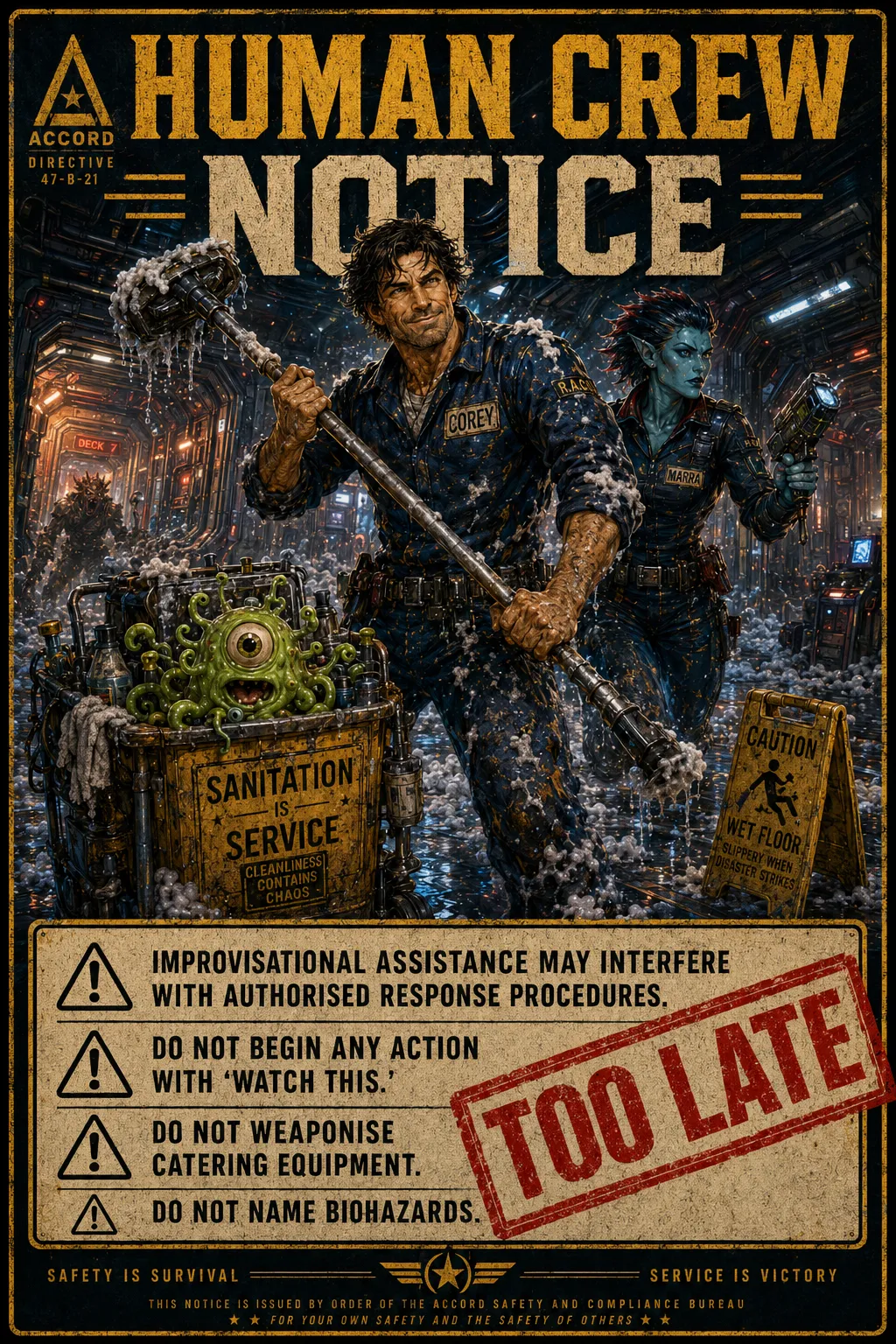 A spoof in-world safety poster titled ‘Human Crew Notice’, listing rules such as ‘do not weaponise catering equipment’ and ‘do not name biohazards’, stamped ‘Too Late’ in red.