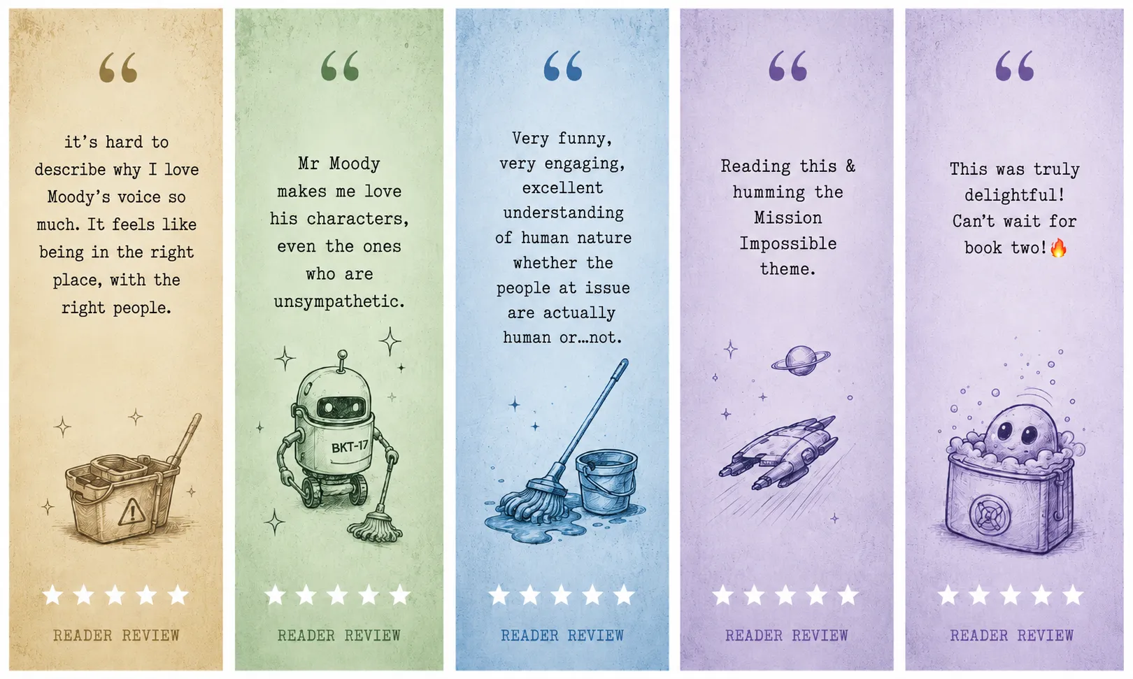 Five five-star reader reviews of Corey Naylor – Space Janitor, praising Nole Moody’s voice, humour and characters, and asking for book two.